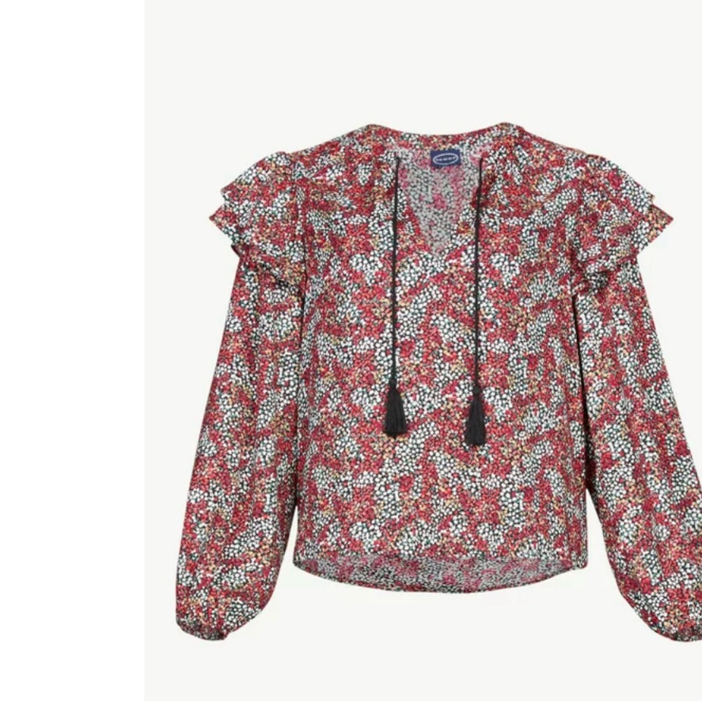 SCOOP NYC Red & Black Ditsy floral blouse w/tie neck boho peasant top Size XXXL